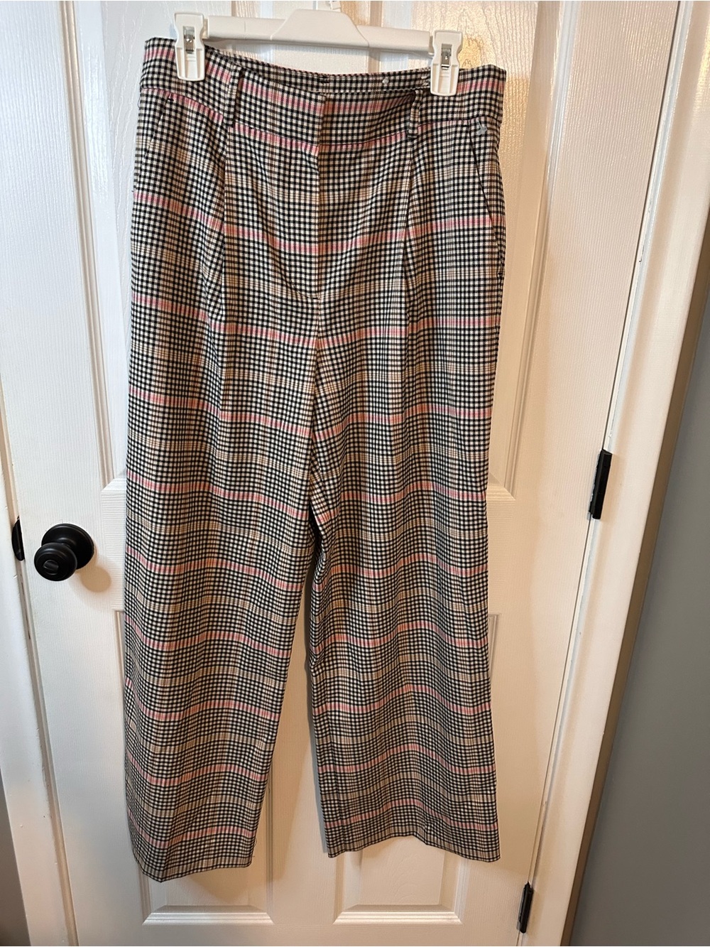 LOFT Black, Cream and Pink Plaid Wide Leg Trousers
